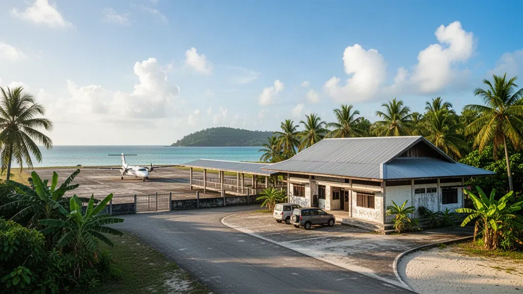 Terminal de aeropuerto en una isla tropical de la Isla de Cuyo, Palawan, con palmeras, una pequeña aeronave en la plataforma y luz solar brillante de la tarde