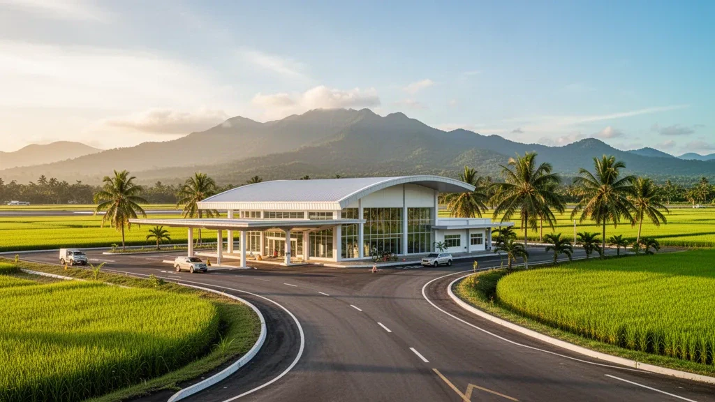 Modernes Terminalgebäude und Vorfahrtbereich am Flughafen Cauayan in Isabela, Philippinen, mit tropischer Bepflanzung.