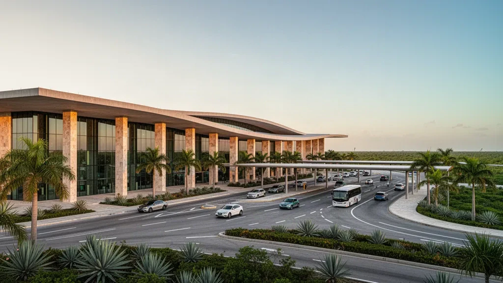 Terminal moderna del Aeropuerto Internacional de Chichén Itzá en Yucatán, México, a la hora dorada, con fachada de vidrio, jardinería con palmeras y carriles de descenso