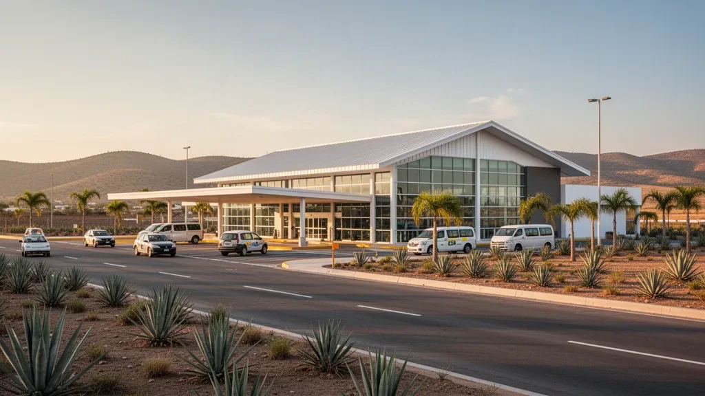 Extérieur moderne du terminal de l'aéroport national Capitán Rogelio Castillo à Celaya, au Mexique, à l'heure dorée, avec des voies de dépose et des collines au loin.