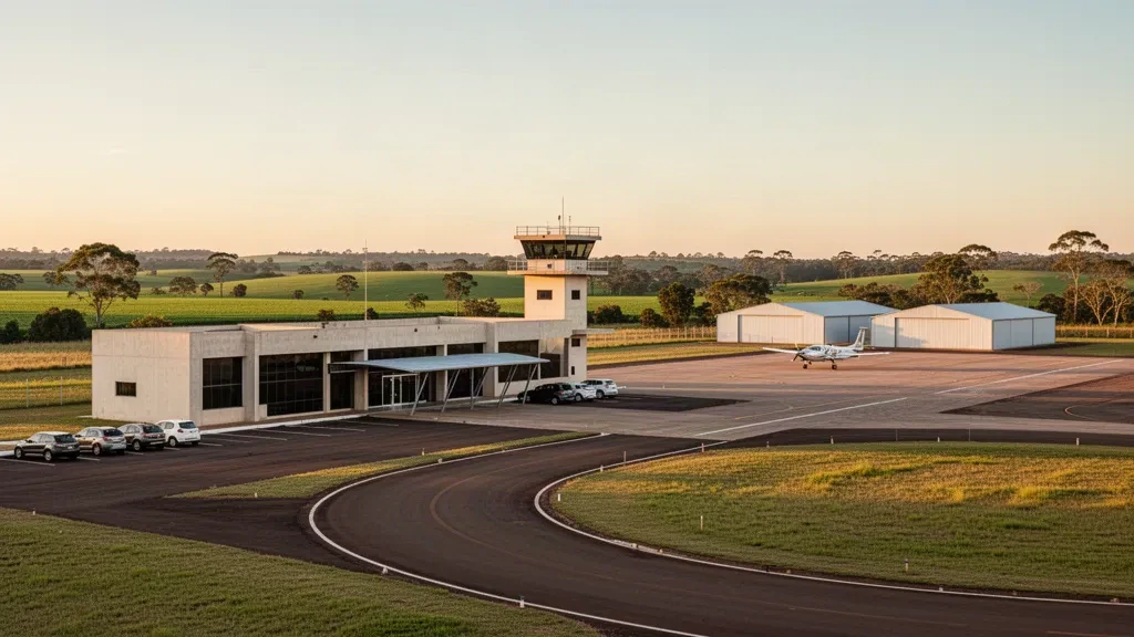 Pequeño edificio terminal regional y plataforma en el Aeropuerto Carlos Ruhl en Cruz Alta, Brasil, con luz cálida del atardecer