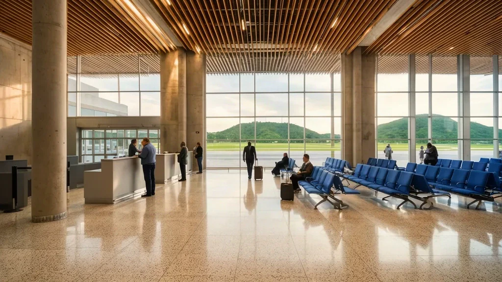 Meksika'nın Celaya kentindeki Captain Rogelio Castillo Ulusal Havaalanı terminalinin iç görünümü; check-in bankoları ve bekleme alanı.