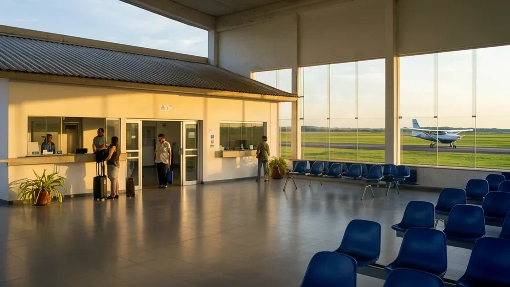 Brezilya'nın Cruz Alta kentindeki Carlos Ruhl Havaalanı'nda check-in kontuarları, bekleme alanı koltukları ve apron manzaraları bulunan küçük bölgesel terminal