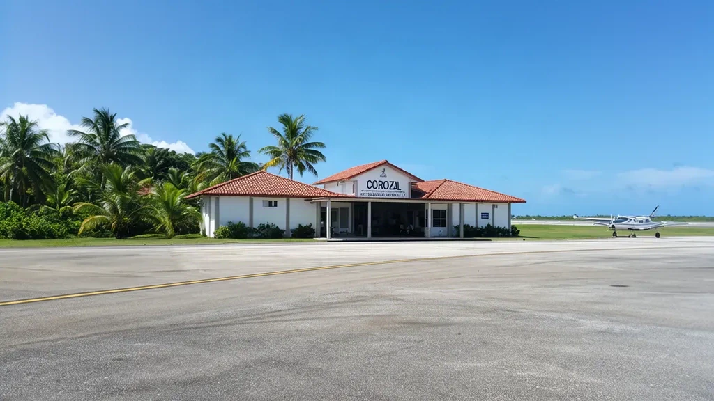 Exterior of Corozal Airport terminal in Corozal Town, Belize, with palm trees and a small aircraft on the apron under a clear blue sky.