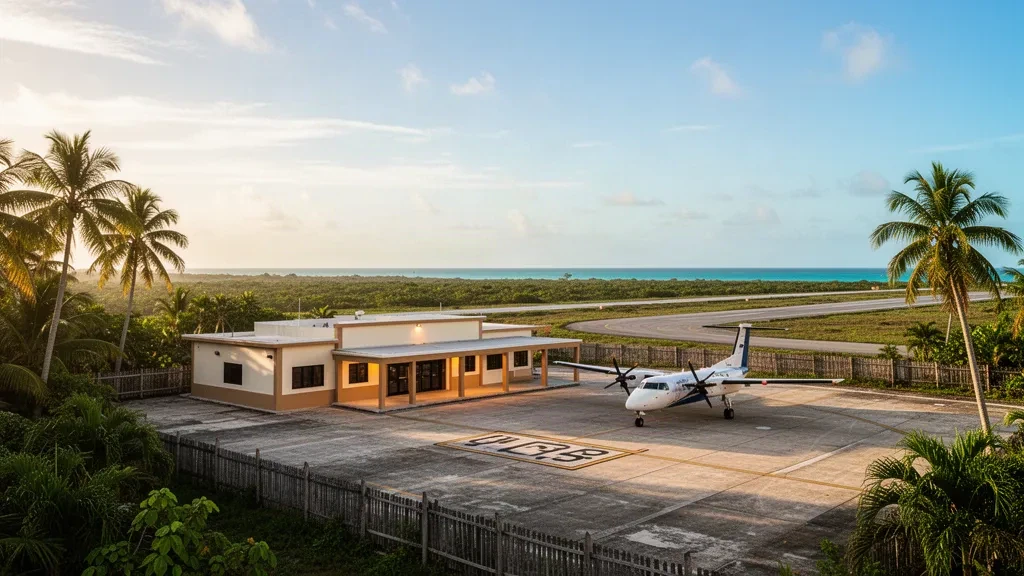 Flaches, tropisches Terminal und befestigter Vorfeldbereich am Flughafen Corozal in Belize, umrahmt von Palmen in warmem karibischem Goldstundenlicht.