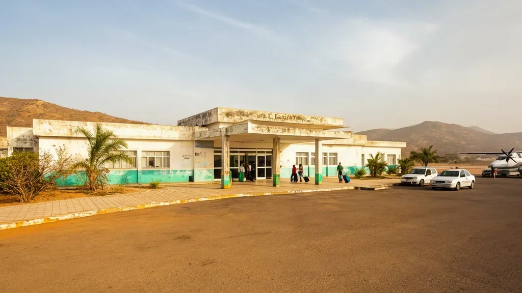 Terminaleingang des Flughafens José Leonardo Chirino in Coro, Venezuela, mit Reisenden und geparkten Autos bei hellem Küstentageslicht