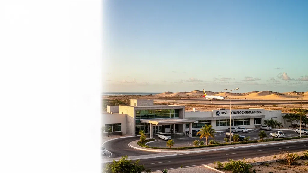 Exterior de la terminal de baja altura del Aeropuerto José Leonardo Chirino en Coro, Venezuela, con vía de acceso y paisaje costero árido.