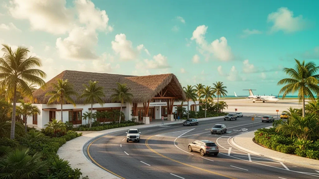 Tropical terminal exterior at Cozumel International Airport with palm trees, access road, parked aircraft, and bright Caribbean sunlight.