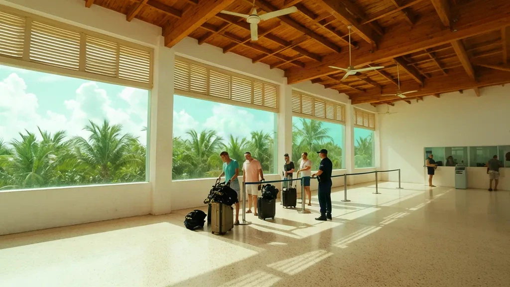 Sunlit interior of Cozumel International Airport CZM terminal with travellers in the open-air Caribbean arrivals hall