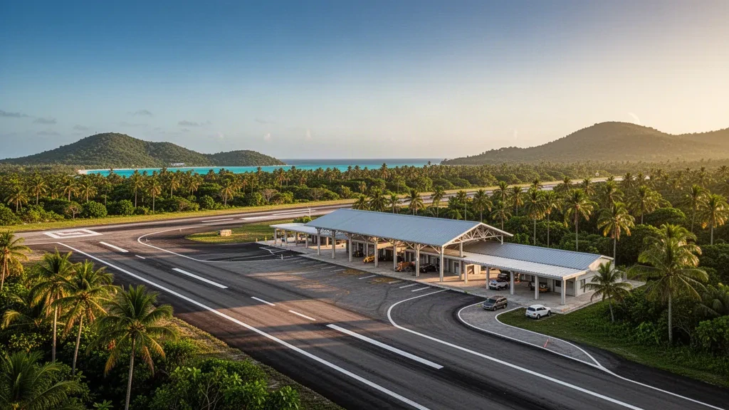 Petit terminal d'aéroport tropical et piste bordée de palmiers à l'aéroport Corazón de Jesús au Panama à l'heure dorée