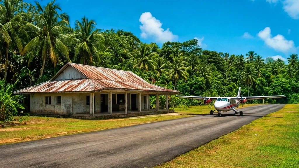 Vue extérieure du petit terminal tropical et de la piste à l'aéroport Corazón de Jesús au Panama, entourés d'une végétation luxuriante.