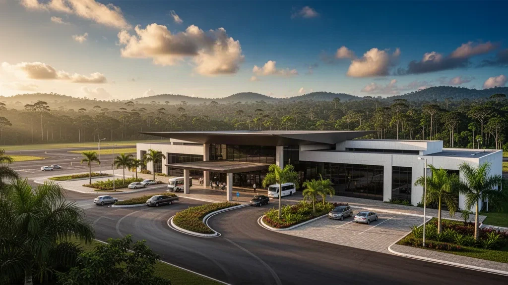 Brezilya'nın Acre eyaletindeki Cruzeiro do Sul Havalimanı'nda, sıcak ikindi ışığı altında Amazon yağmur ormanlarıyla çevrili modern bölgesel terminal.