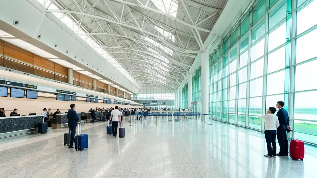 Bright departure hall interior of Changzhou Benniu International Airport with glass walls, check-in counters and travellers