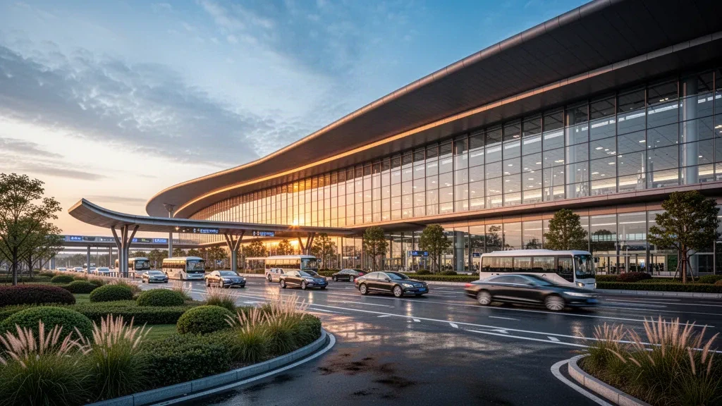 Exterior moderno de terminal con cristal curvo en el Aeropuerto Internacional de Changzhou Benniu, con una calzada elevada de embarque y desembarque bajo una cálida luz dorada.