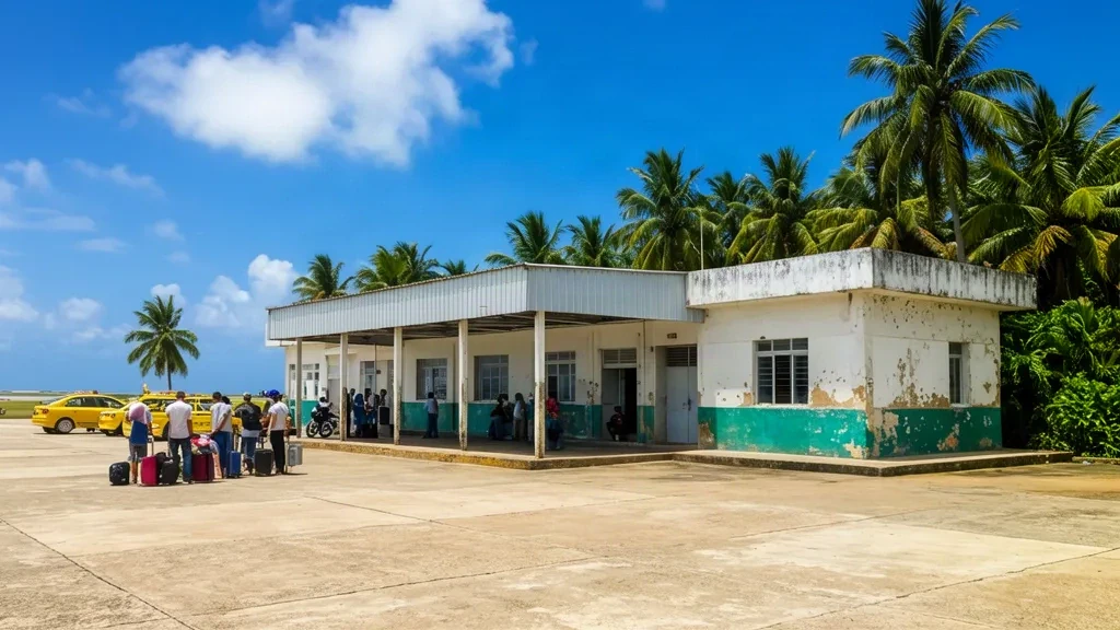 Passagiere mit Gepäck warten vor dem kleinen tropischen Terminalgebäude des Flughafens Las Brujas in Corozal, Kolumbien, bei hellem karibischem Sonnenschein.