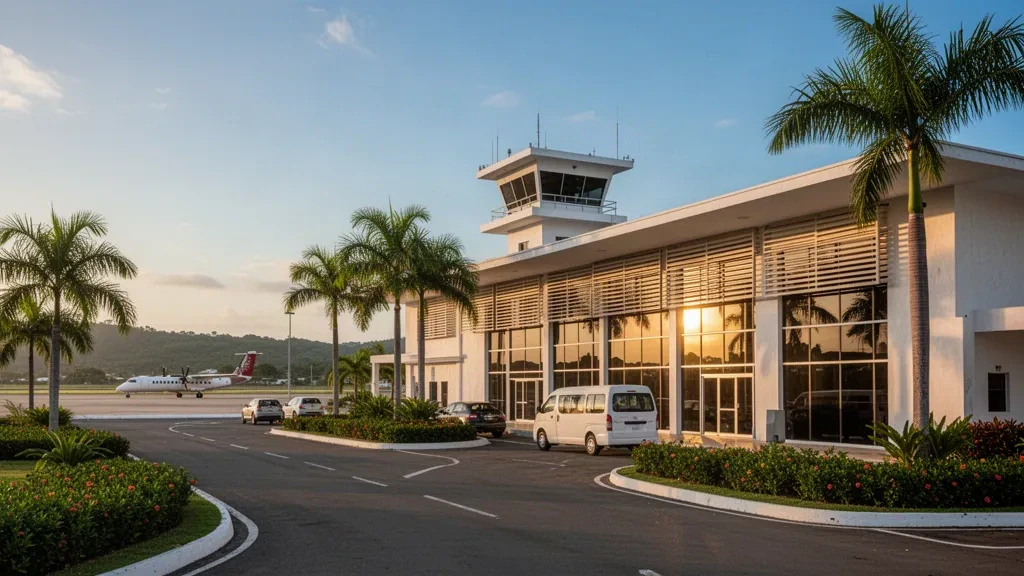 Exterior moderno de la terminal del Aeropuerto Las Brujas en Corozal, Colombia, enmarcado por palmeras bajo la cálida luz caribeña del final de la tarde