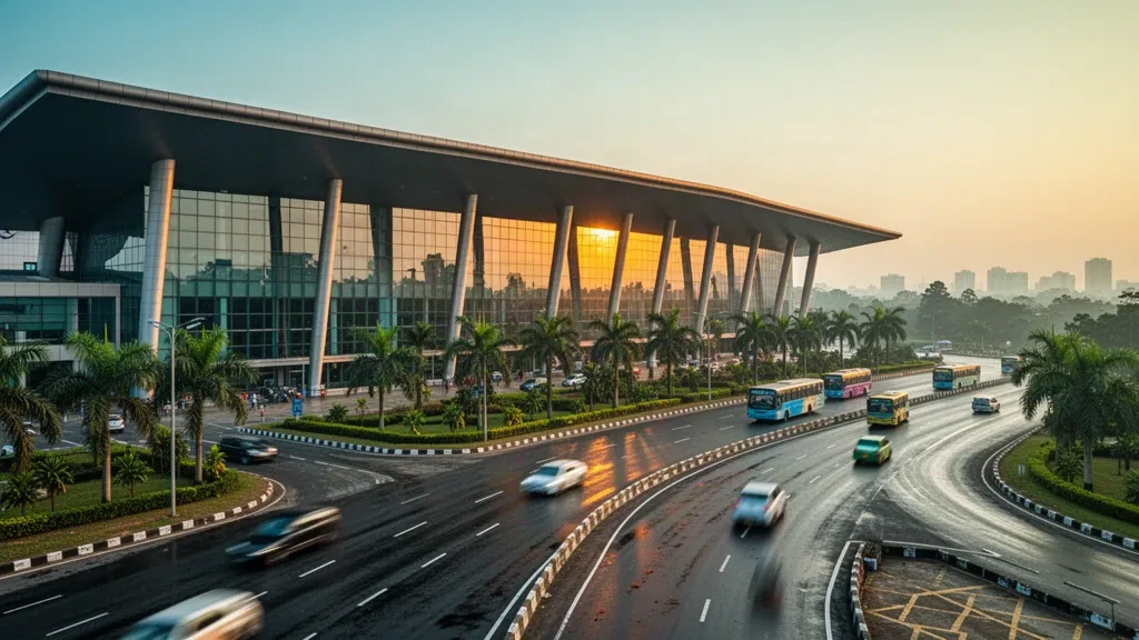 Esterno moderno in vetro del terminal dell'aeroporto internazionale Hazrat Shahjalal a Dhaka durante l'ora d'oro con corsie per la sosta