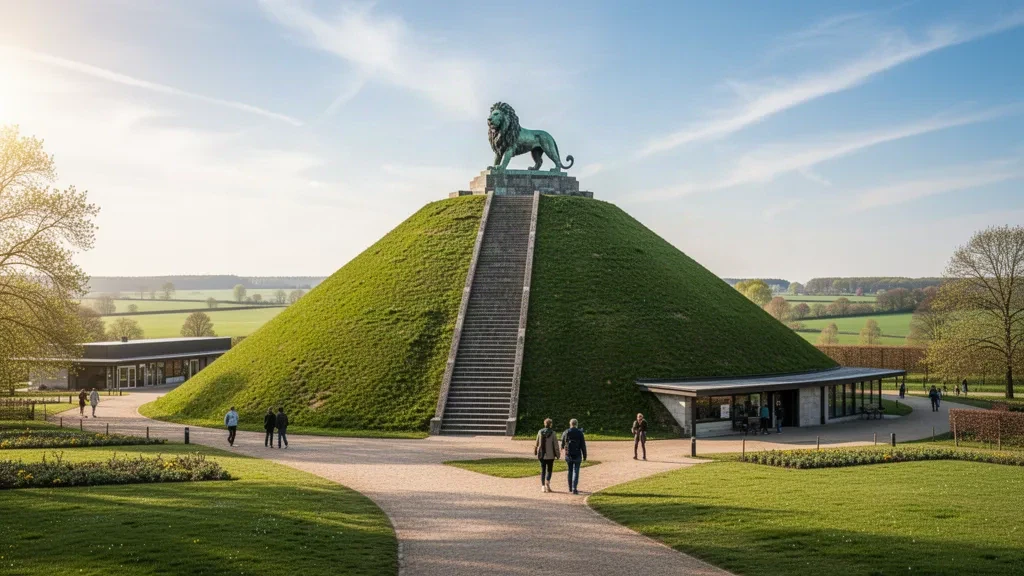 Le monument de la Butte du Lion à Waterloo, dans le Brabant wallon, en Belgique, sous un ciel dégagé avec des visiteurs au premier plan.
