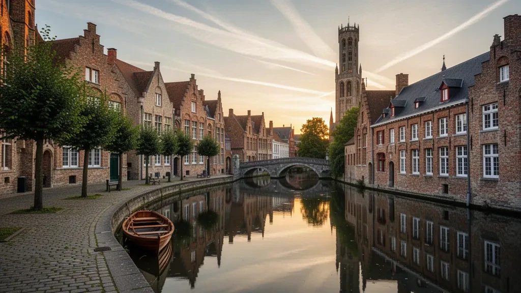 Medieval canal and step-gabled brick houses in Bruges, West Flanders, Belgium, with the historic Belfry tower in warm evening light