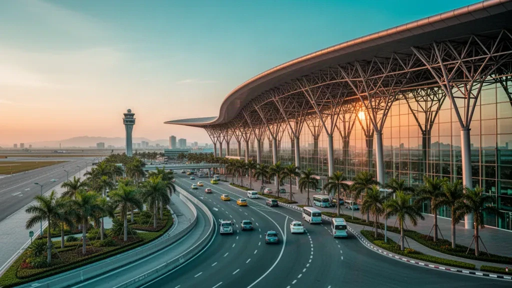 Da Nang Uluslararası Havalimanı'nda cam cepheli, palmiye ağaçlı ve gün batımında taksi indirme şeridi bulunan modern kavisli çatılı terminal.
