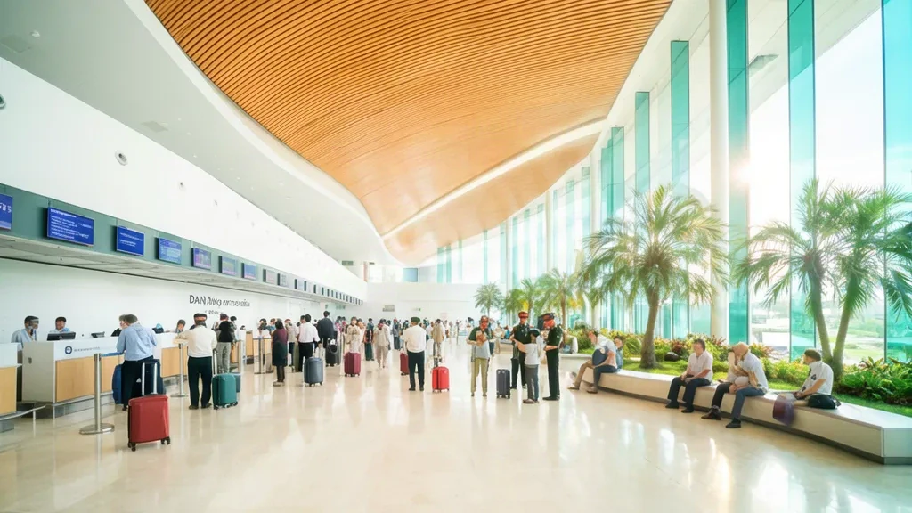 Kavisli modern tavanın altındaki check-in bankolarında yolcuların bulunduğu Da Nang Uluslararası Havalimanı terminalinin aydınlık iç mekanı