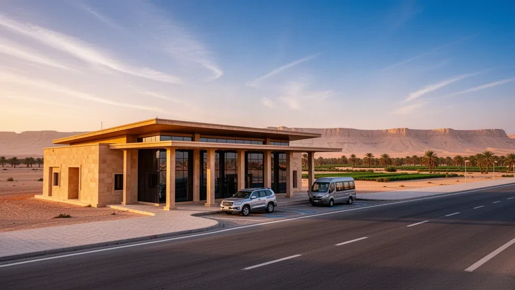 Vue à l'heure dorée du terminal de l'aéroport de l'oasis de Dakhla dans le désert occidental égyptien, avec des palmeraies, des escarpements désertiques et un ciel calme et dégagé