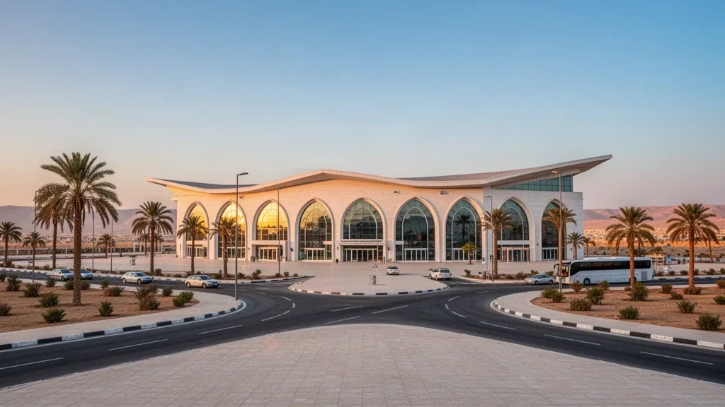Fachada moderna de vidrio de la terminal y explanada bordeada de palmeras del Aeropuerto Internacional de Damasco a la hora dorada, luz cálida sobre arquitectura en tonos arena