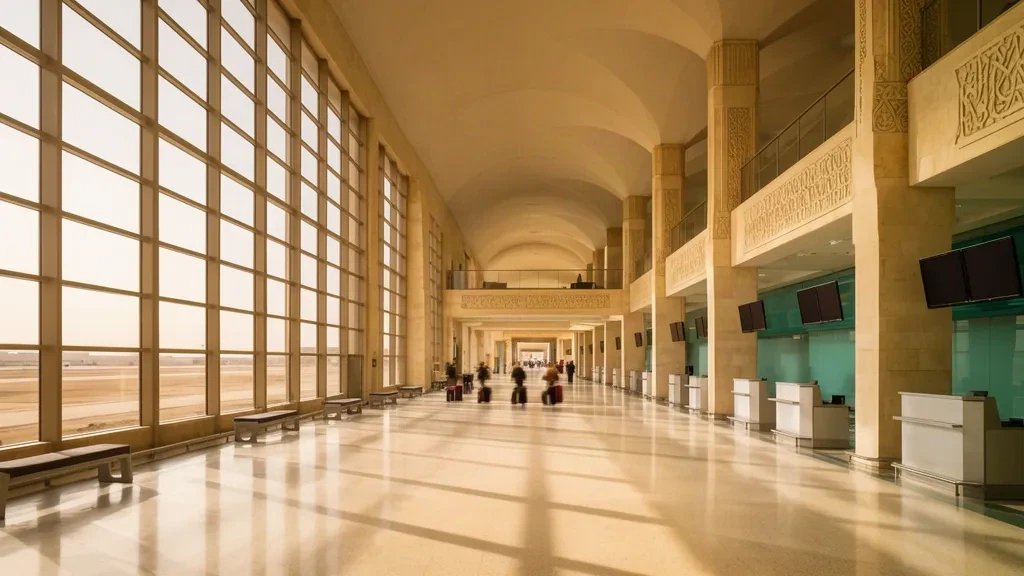 Interior de la sala de salidas del Aeropuerto Internacional de Damasco con columnas de piedra beige y luz natural cálida sobre el suelo de la explanada