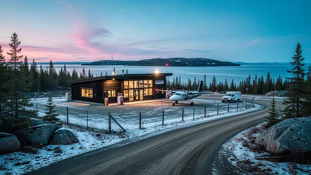 Terminal remota del aeropuerto de Great Bear Lake y plataforma de grava al atardecer en los Territorios del Noroeste, con un avión bush estacionado y el horizonte del lago