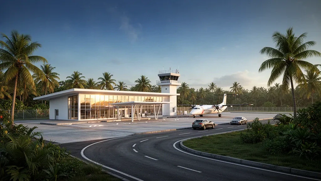 Terminal e piazzale dell'aeroporto di Dabo in una calda luce tropicale, con palme e un aereo regionale parcheggiato sulla pista