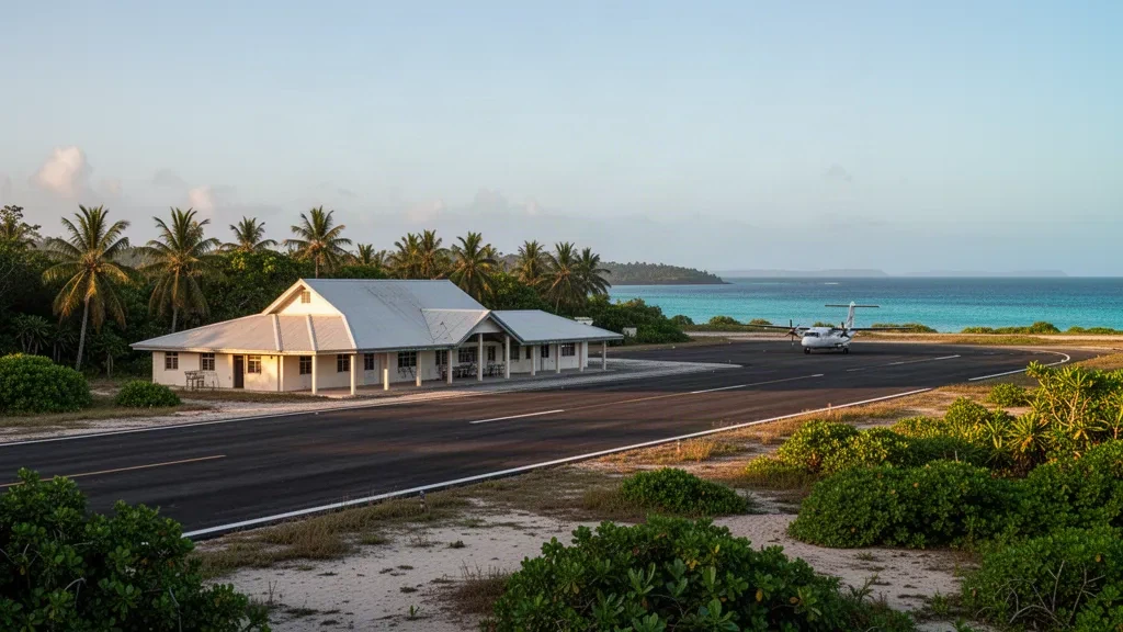 Small tropical terminal and runway at Daru Airport on Daru Island, Papua New Guinea, framed by palm trees and coastal waters