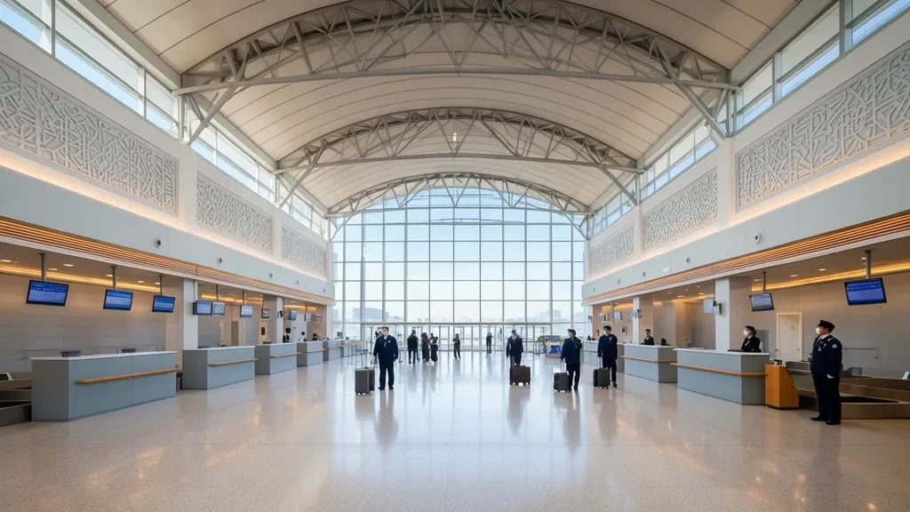 Travellers with luggage in the bright departure hall of Datong Yungang International Airport in Shanxi, China
