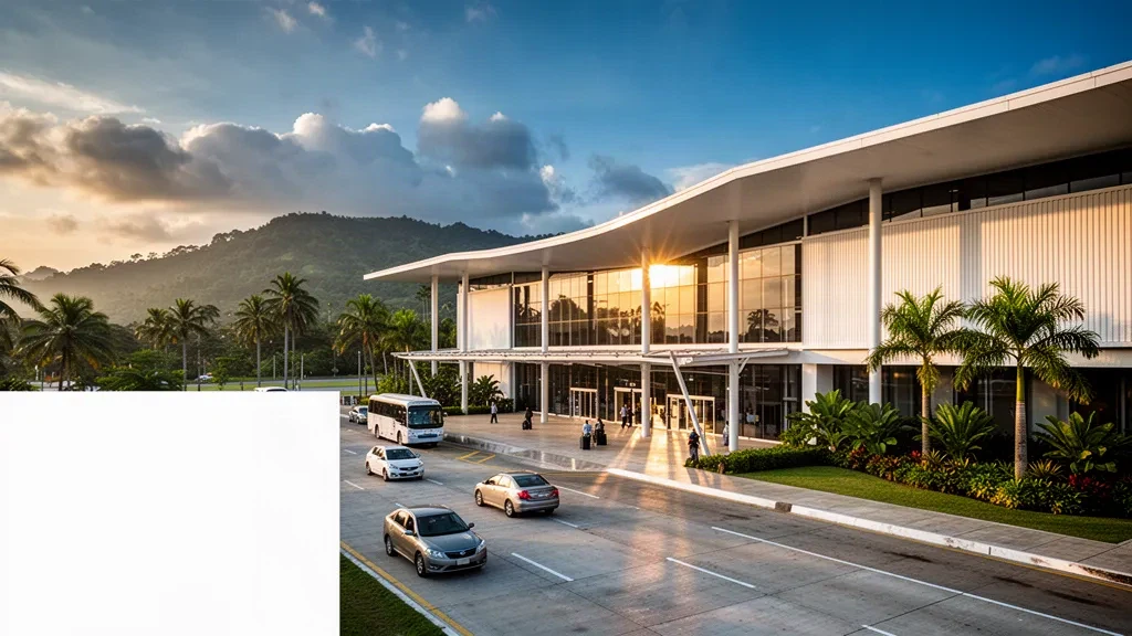 Modern glass terminal and tropical curbside drop-off at Enrique Malek International Airport in David, Panama, in warm golden-hour light