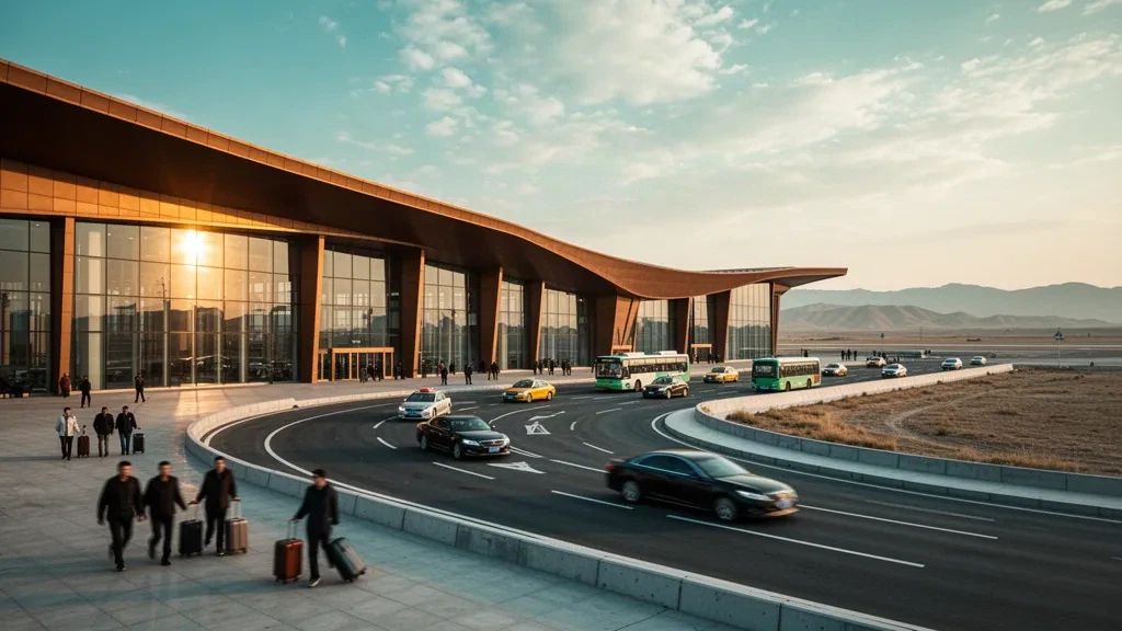 Exterior moderno de terminal de cristal y carriles de descenso en el Aeropuerto Internacional Datong Yungang en Shanxi, China, a la hora dorada