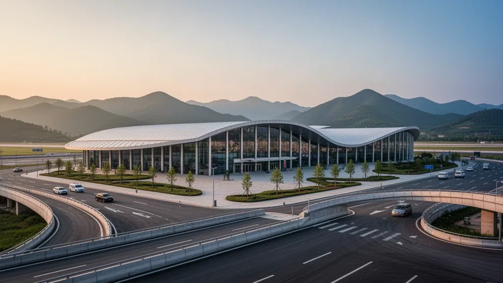 Exterior de la terminal moderna de cristal y techo blanco en el Aeropuerto de Dachuan, cerca de Dazhou, Sichuan, con una tranquila vía de acceso en la hora dorada