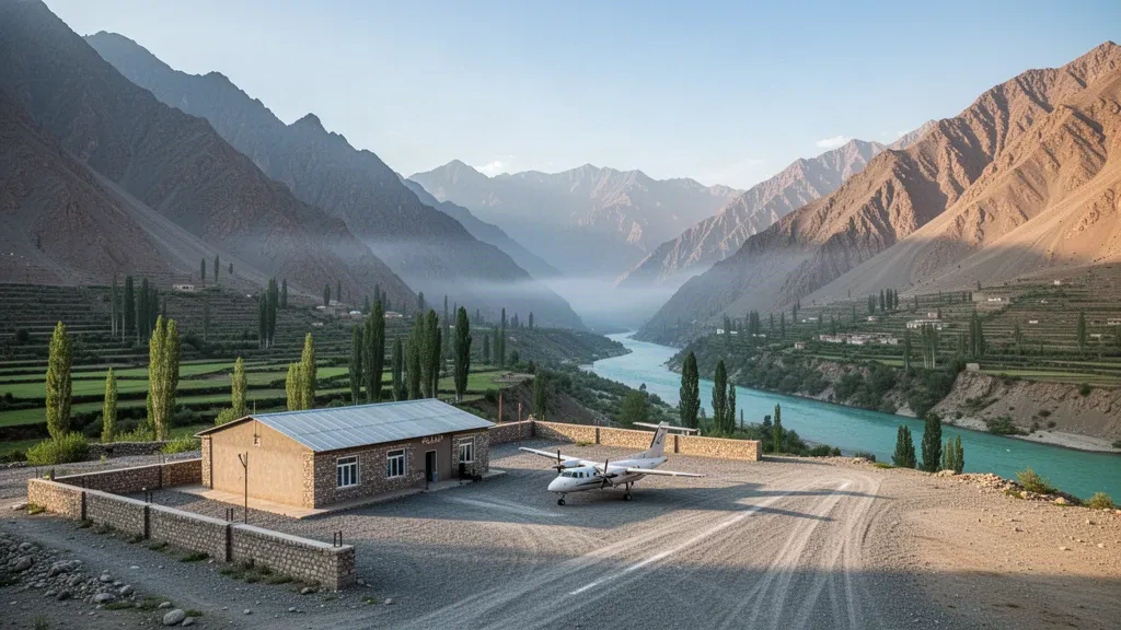 Pista remota in ghiaia e piccolo terminal all'aeroporto di Darwaz nel Badakhshan, Afghanistan, circondati dalle aspre vette montuose dell'Hindu Kush