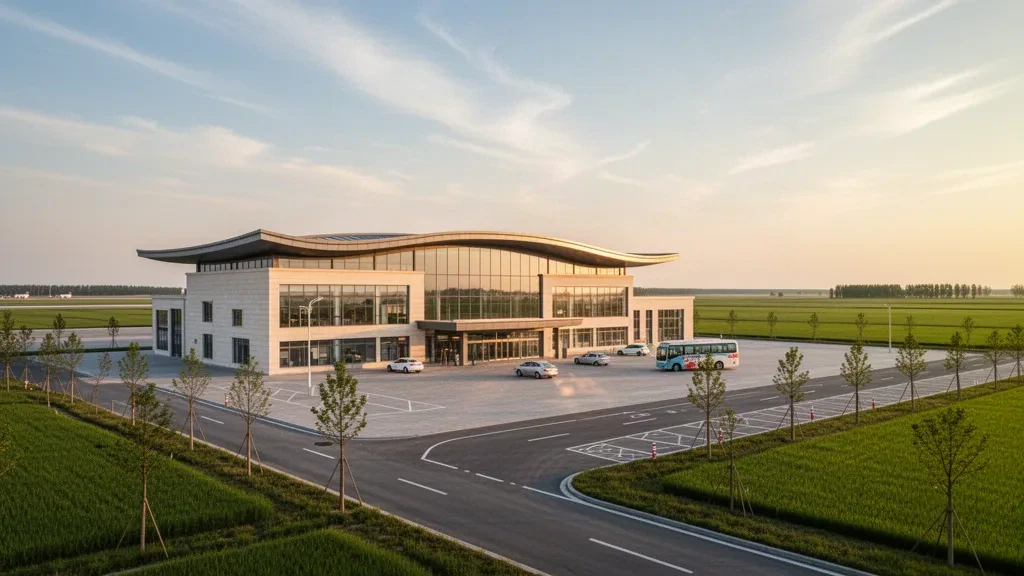 Modern glass terminal exterior at Baicheng Chang'an Airport in Jilin, China, with forecourt drop-off lane and approach road at golden hour