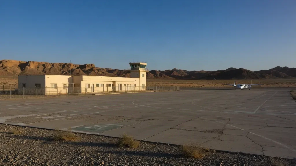 Schlichtes Terminalgebäude und Betonvorfeld am Flughafen Dalbandin in Belutschistan, umgeben von karger Wüste und felsigen Hügeln unter klarem Himmel.