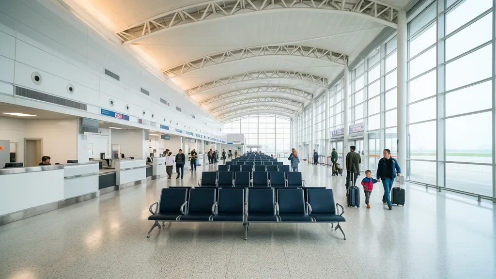 Interior of Baicheng Chang'an Airport terminal in Jilin, China, showing the departure hall seating and check-in counters