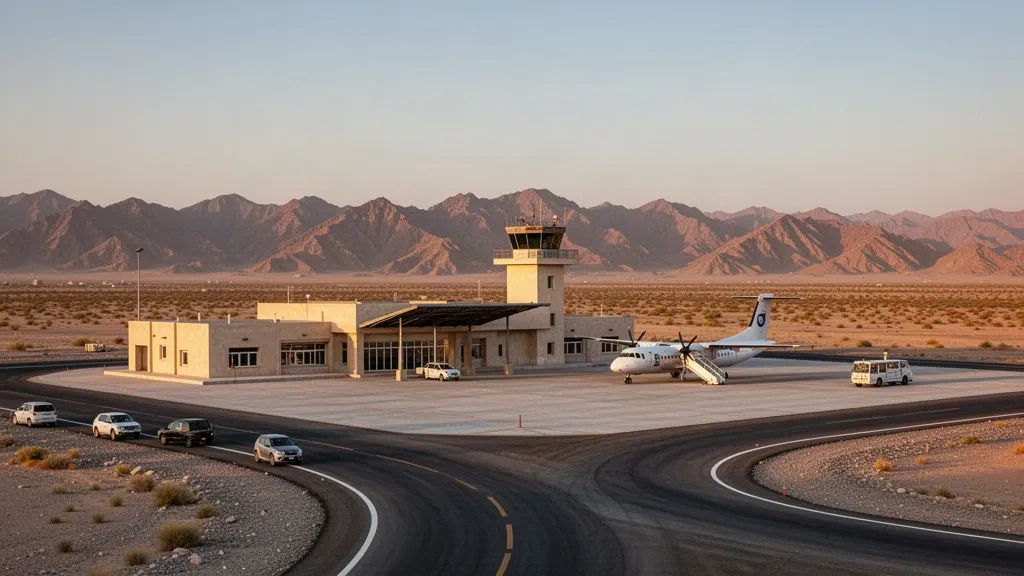 Piccolo terminal aeroportuale nel deserto e piazzale di sosta a Dalbandin nel Belucistan, Pakistan, con montagne aride sotto la luce dorata della sera