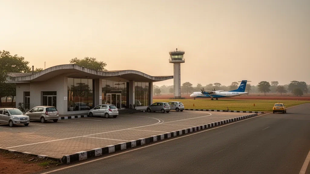 Terminal a un piano e corsia di sbarco all'Aeroporto di Dhanbad in Jharkhand, India, illuminati dalla calda luce del tardo pomeriggio