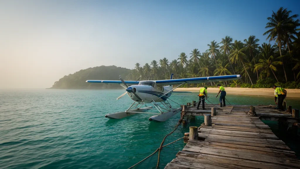 Idrovolante ormeggiato al pontile di legno della base per idrovolanti di Dutch Bay SPB (DBK) a Trincomalee, Sri Lanka, con l'acqua turchese della baia e la riva orlata di palme