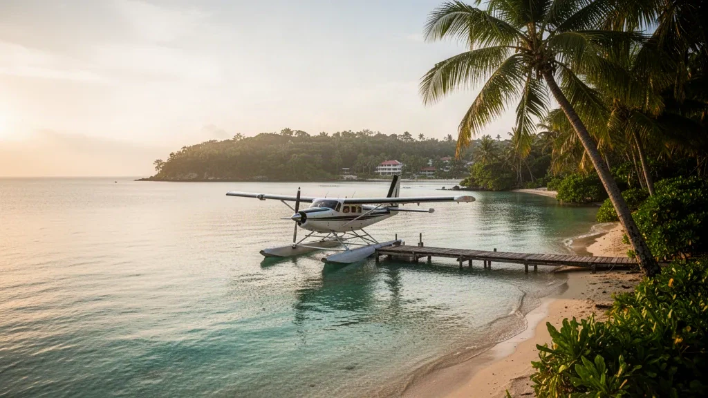 Sri Lanka, Trincomalee'deki Dutch Bay'de ahşap iskeleye bağlanmış deniz uçağı; sakin turkuaz su, palmiyeler ve altın saat ışığı