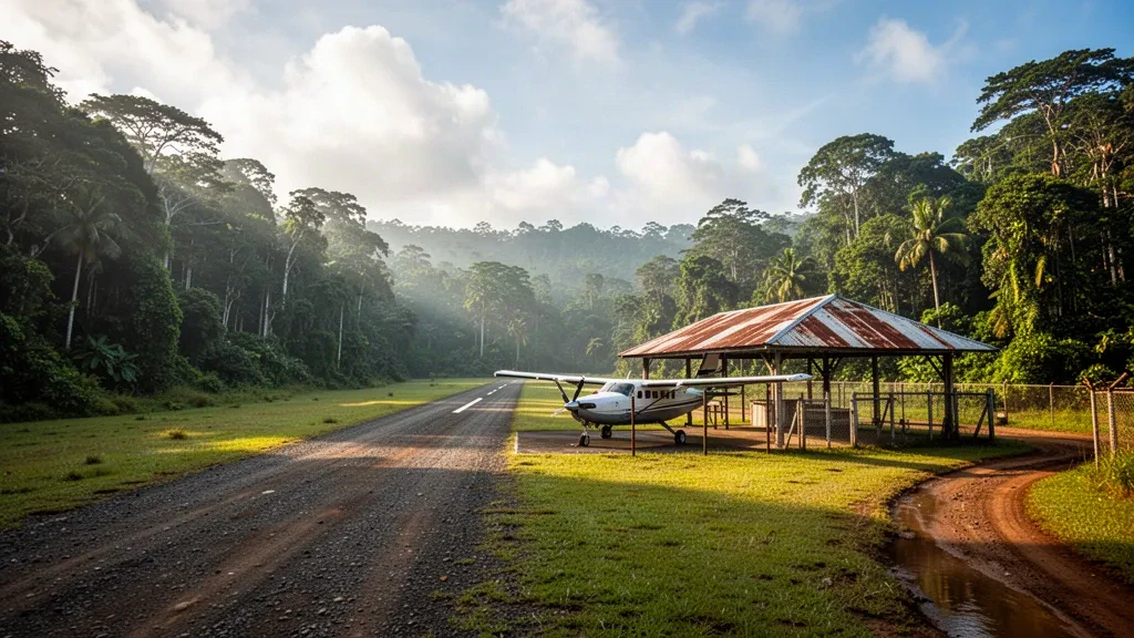 Debepare Airport's remote gravel airstrip in Papua New Guinea, bordered by dense rainforest under warm tropical afternoon light