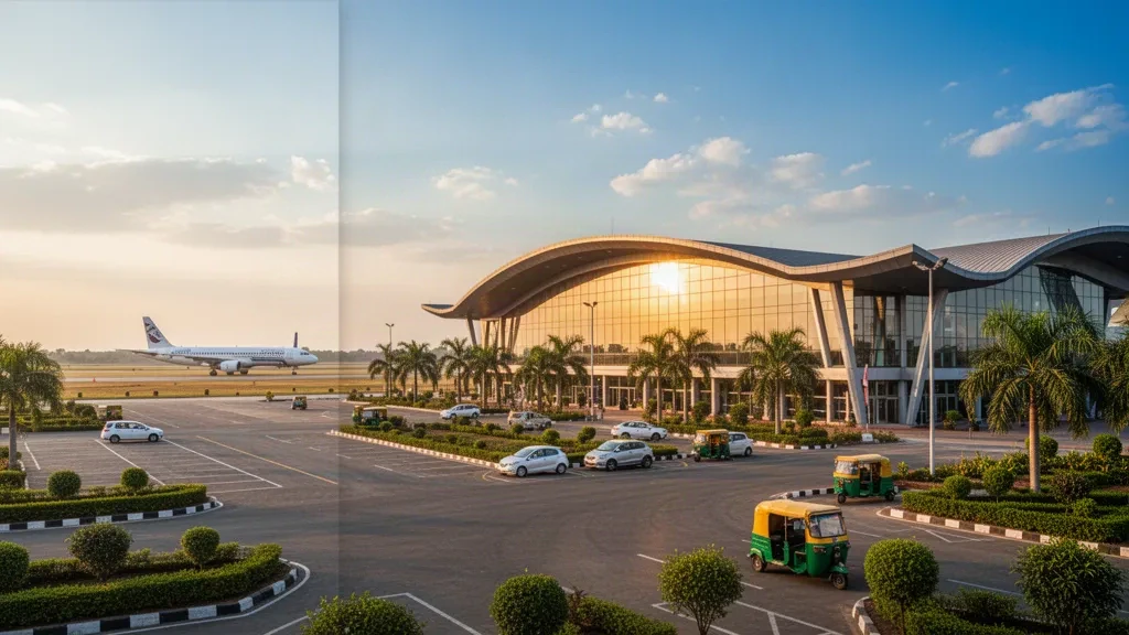 Modern terminal building at Darbhanga Airport in Bihar, India, with glass facade and drop-off zone during golden hour.