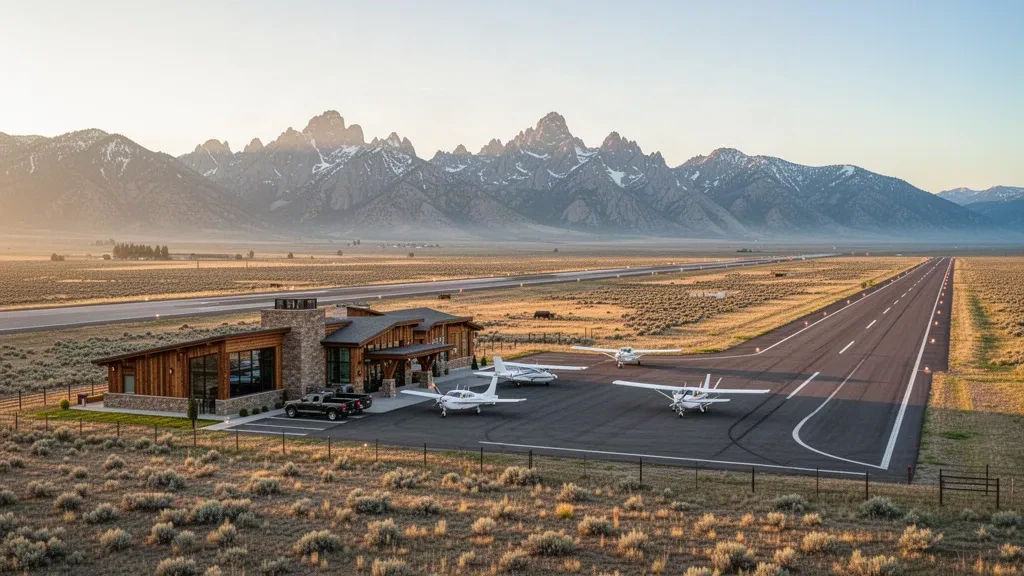 Piccolo terminal per aviazione generale e pista presso l'aeroporto Dubois Municipal in Idaho sotto un ampio cielo di valle montana
