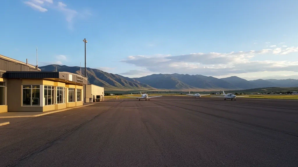 Piccolo edificio terminal presso l'aeroporto Dubois Municipal in Idaho con pista e montagne sullo sfondo.