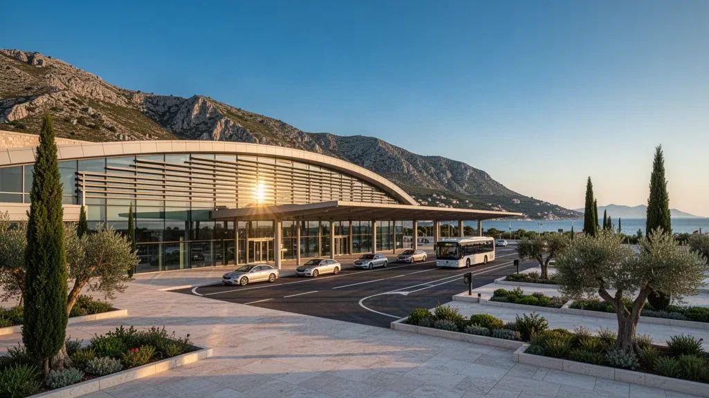 Dubrovnik Havalimanı'nda modern cam terminal ve Akdeniz tepeleri ile sıcak Adriyatik kıyı ışığıyla çevrili yol kenarı bırakma şeritleri