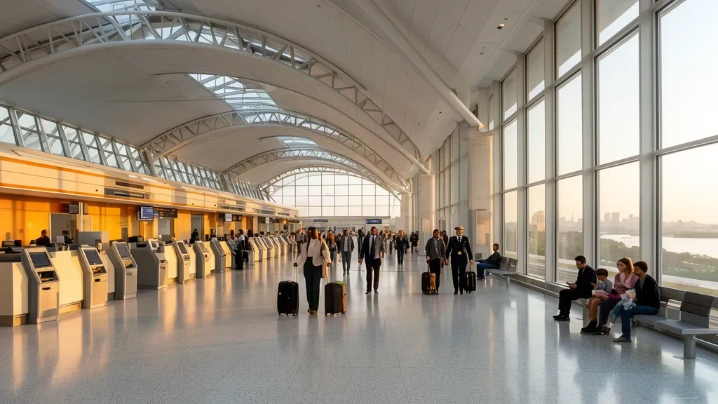 Voyageurs marchant dans l'intérieur moderne et ensoleillé du terminal de l'aéroport Ronald Reagan Washington National près de Washington DC