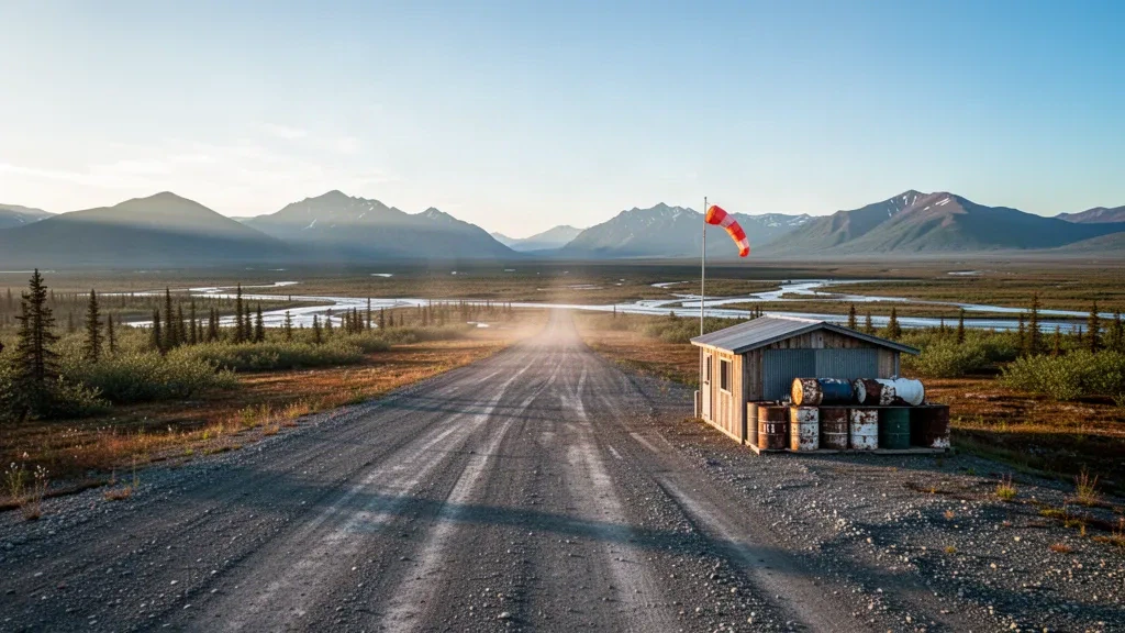 Pista de grava y tundra abierta en el aeropuerto de Dahl Creek, en el noroeste de Alaska, bajo una cálida luz de hora dorada